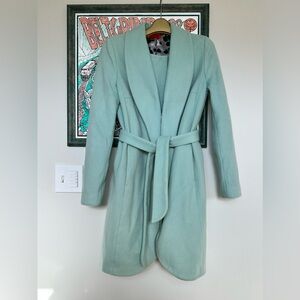 Women's Mint Green Wrap Coat, Belted w Pockets, Virgin Wool PA Blend, Size Small